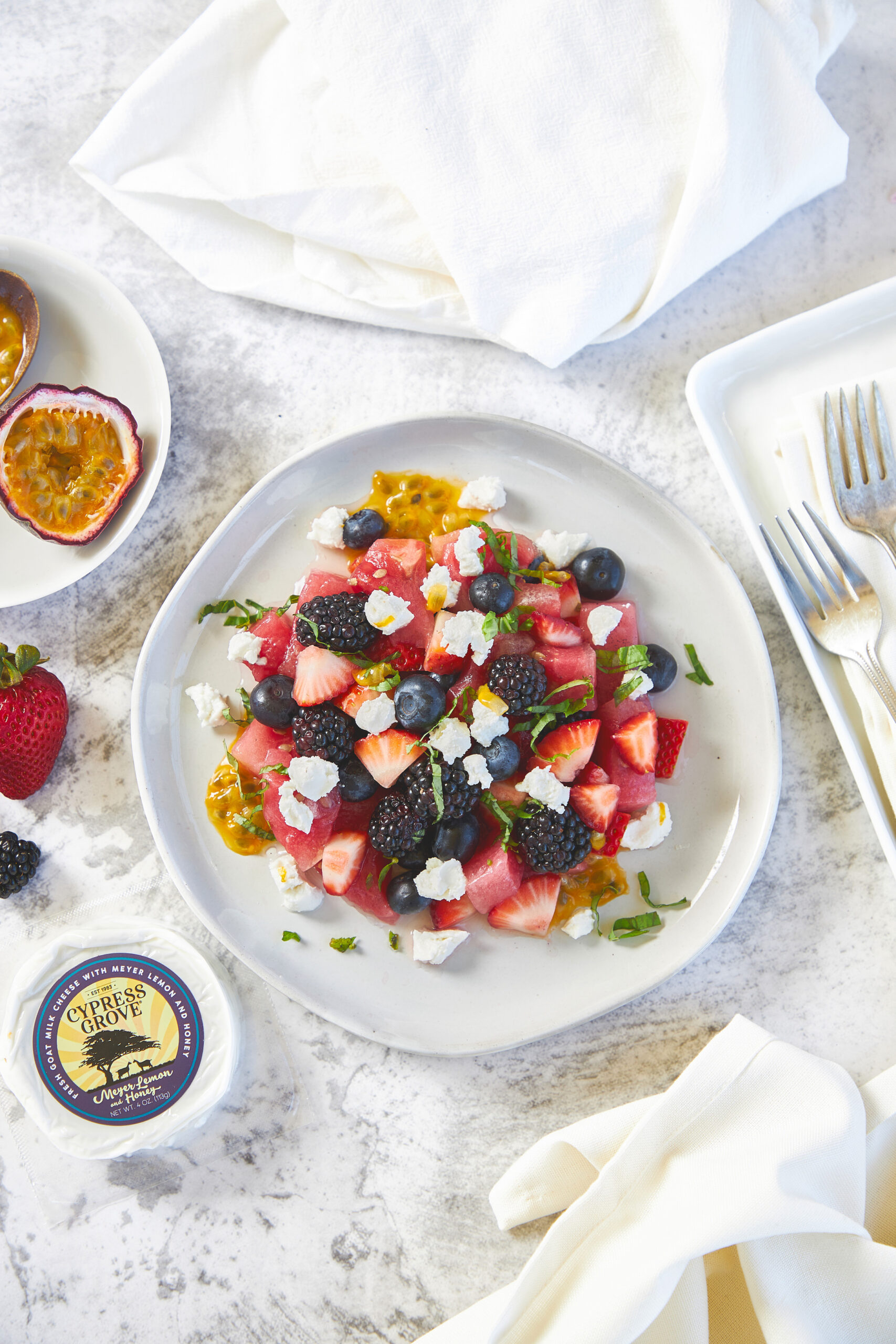 Fruit Salad with Meyer Lemon and Honey Fresh Goat Cheese