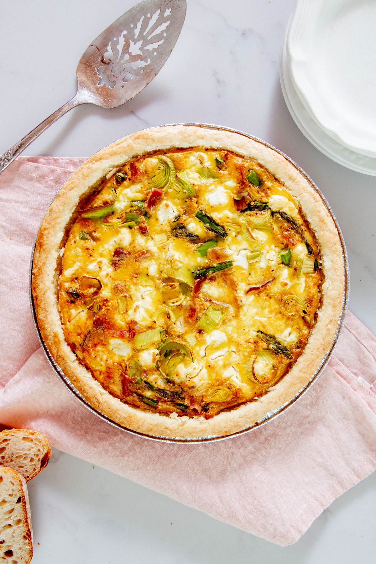 Spring Quiche with Leeks, Bacon, and Purple Haze Goat Cheese